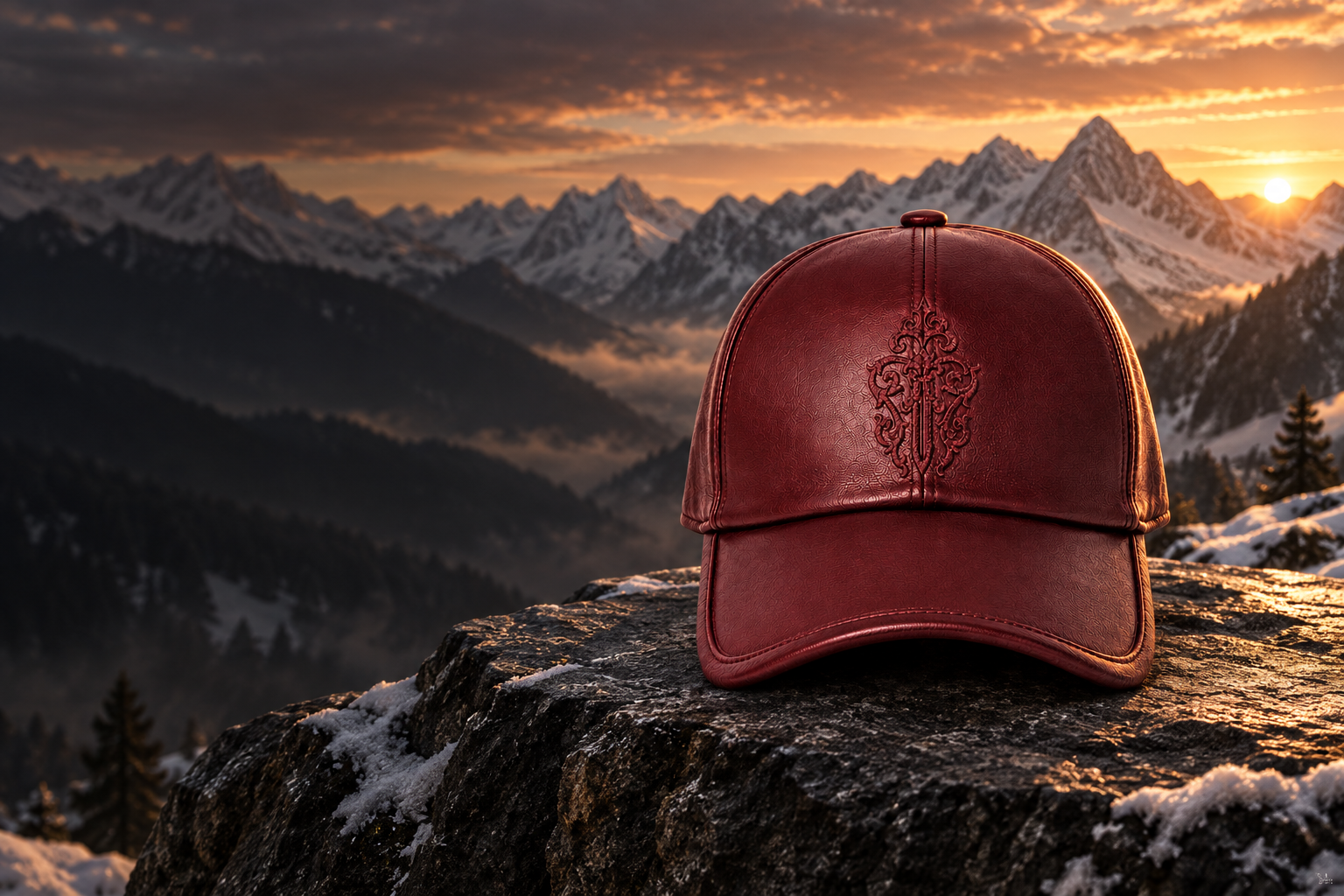 Бордовая кепка Crest на фоне гор